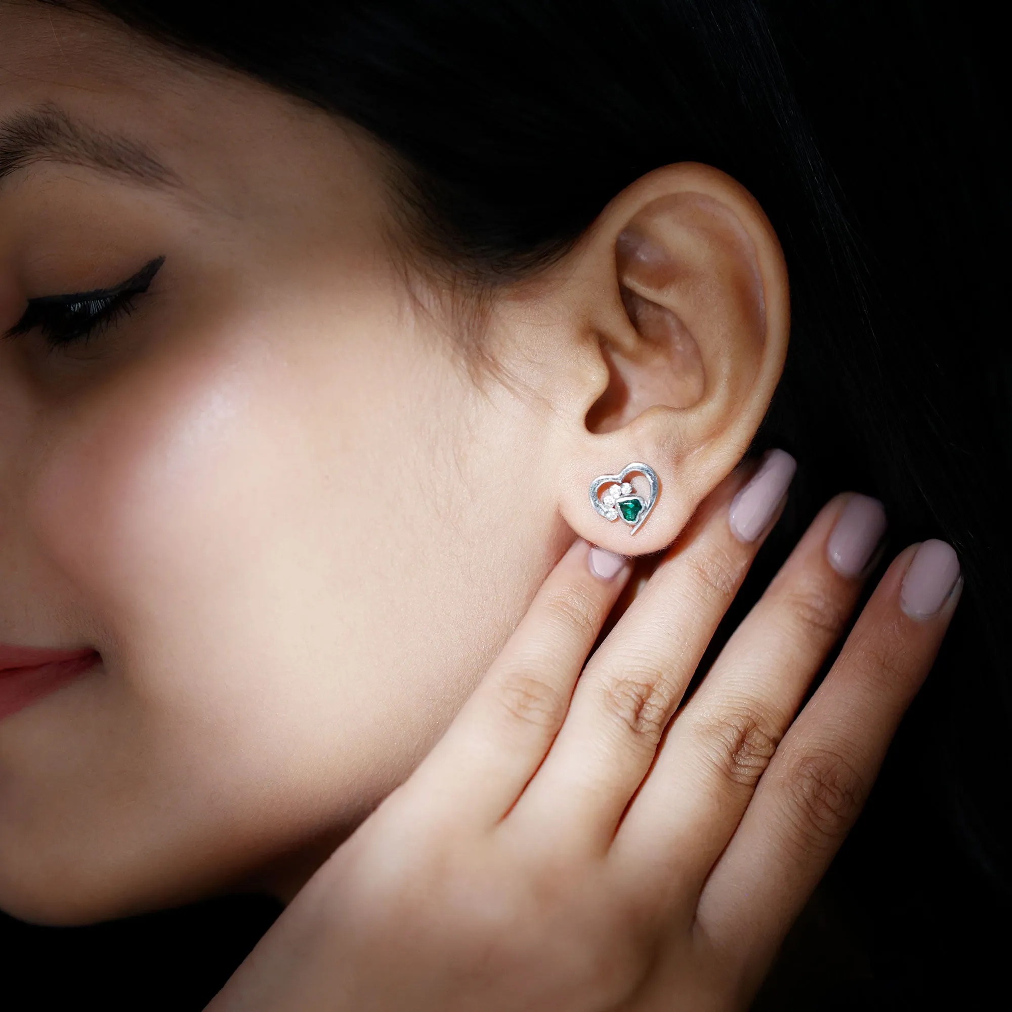 1/4 CT Created Emerald and Moissanite Heart Paw Stud Earrings