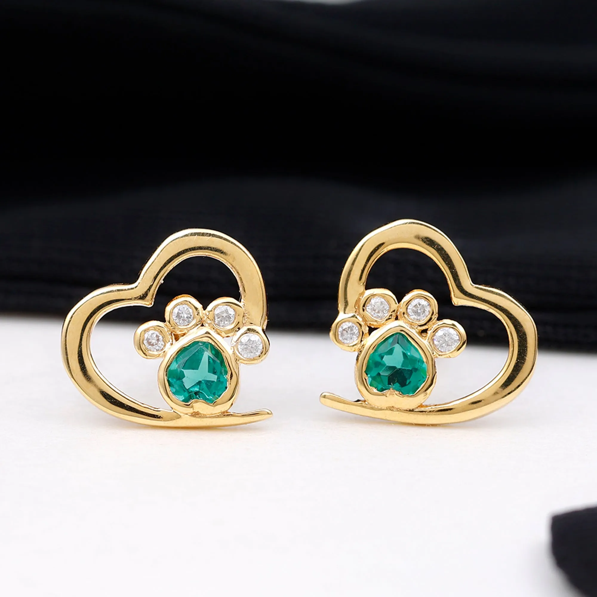 1/4 CT Created Emerald and Moissanite Heart Paw Stud Earrings