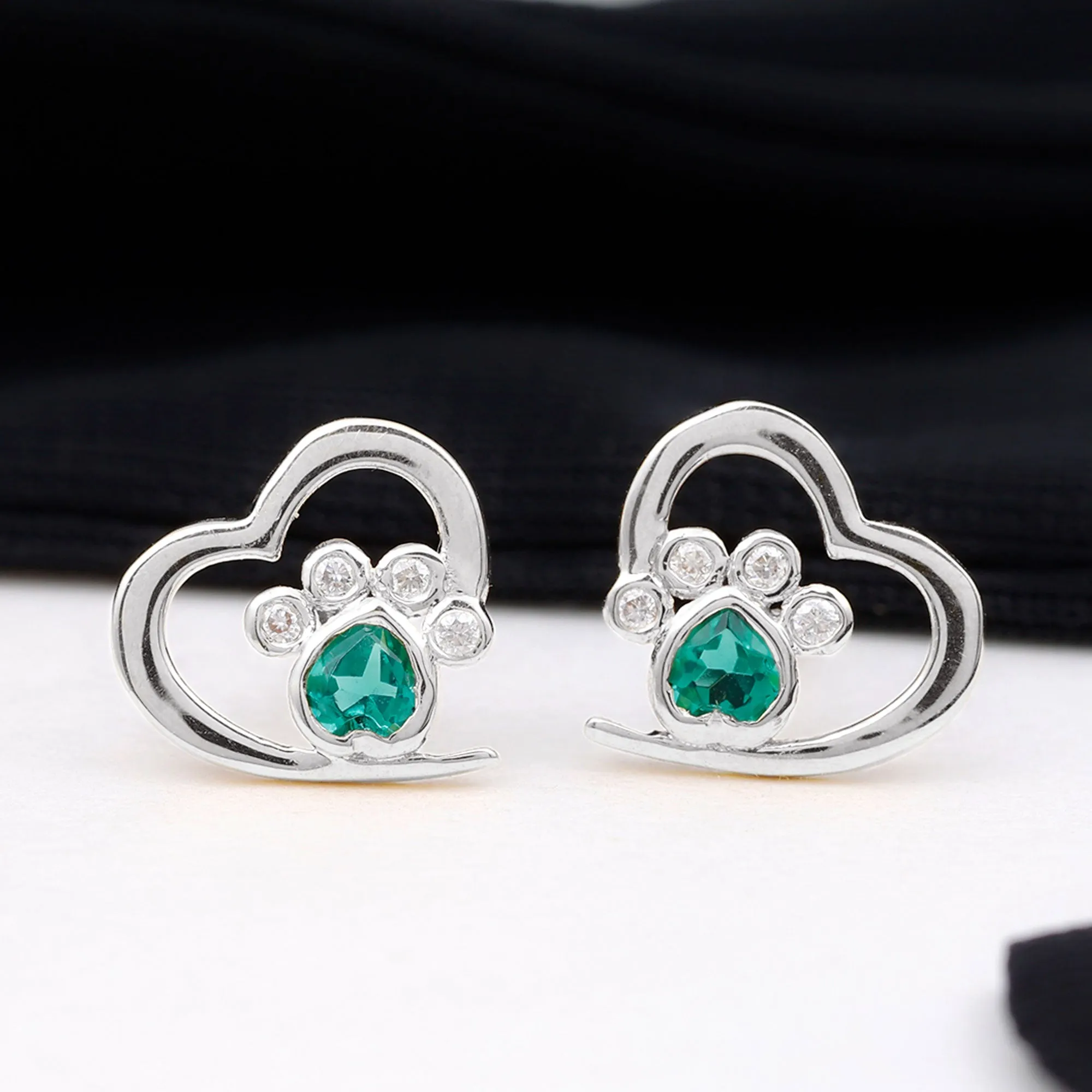 1/4 CT Created Emerald and Moissanite Heart Paw Stud Earrings