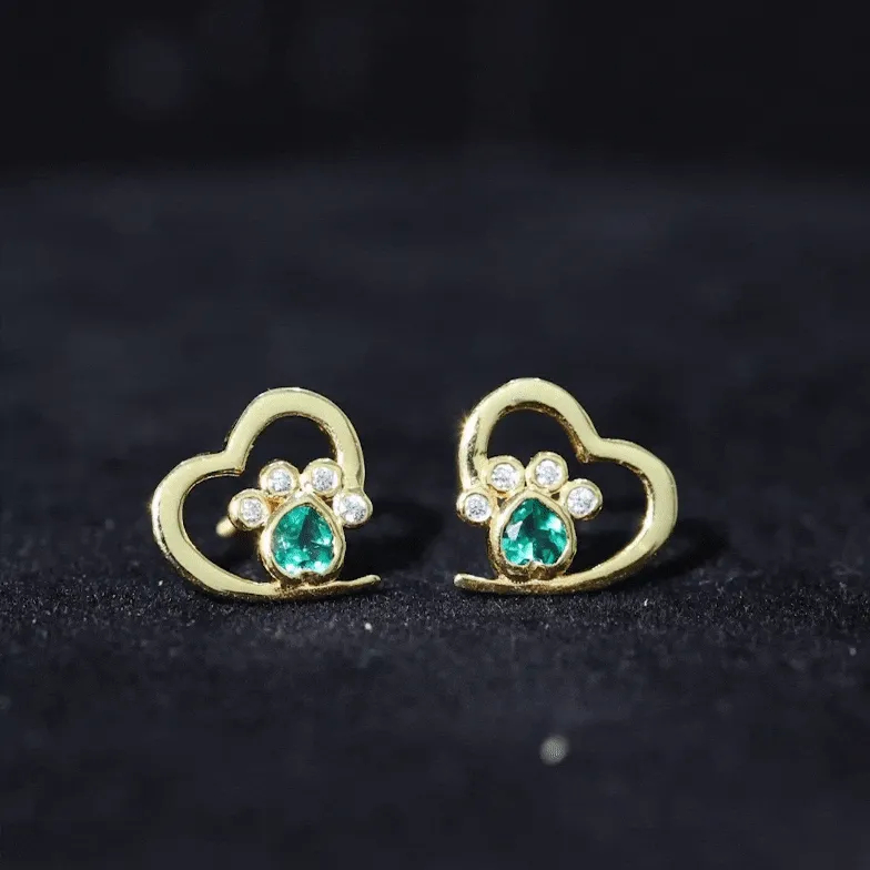 1/4 CT Created Emerald and Moissanite Heart Paw Stud Earrings
