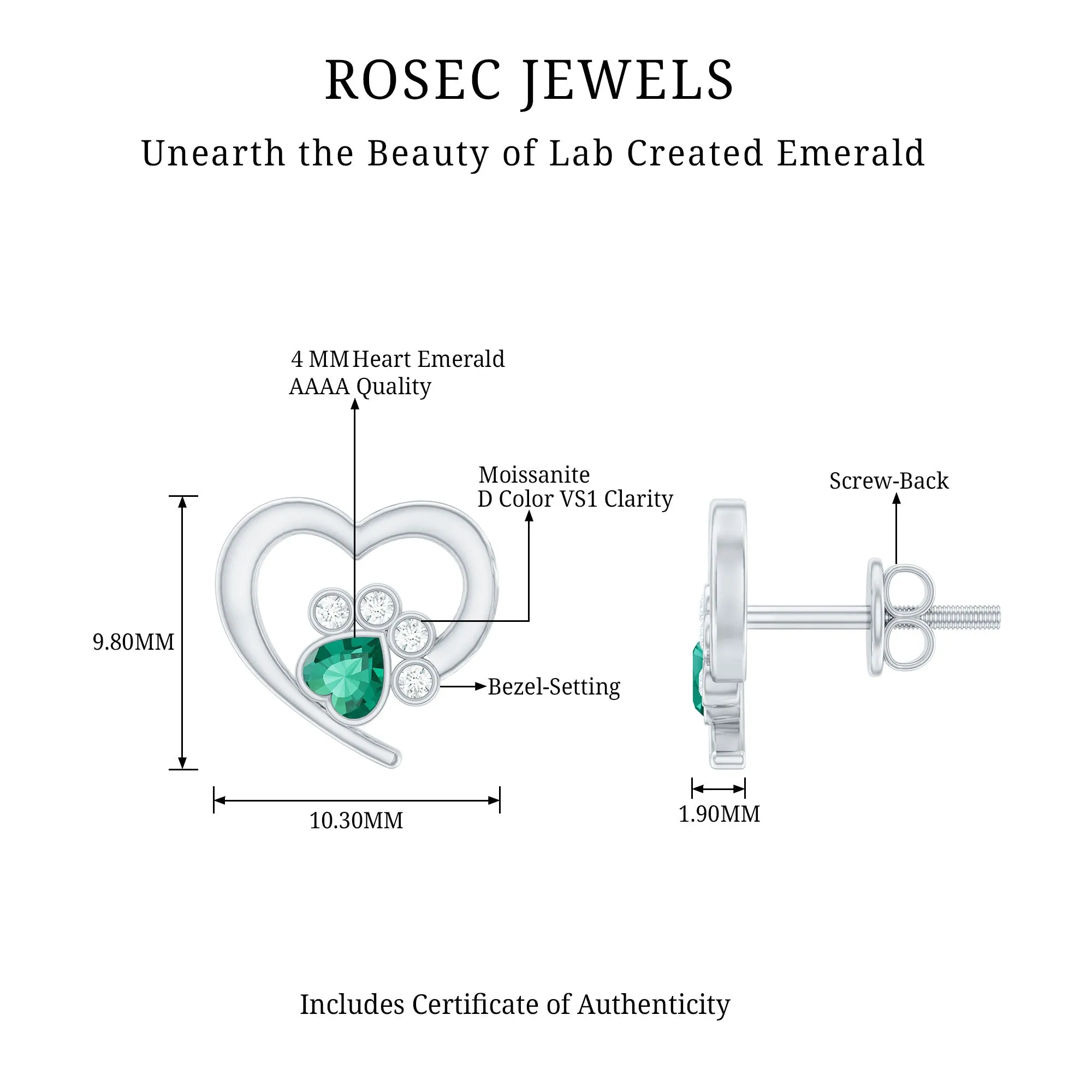 1/4 CT Created Emerald and Moissanite Heart Paw Stud Earrings