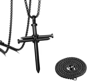 2 PCS Nail Cross Pendant for Men, Auto Rear View Mirror Cross Charm Pendant with 24 Inch Chain, Stainless Steel 3 Nail Necklace Vehicle Hanging Decoration, Car Accessories (Black)