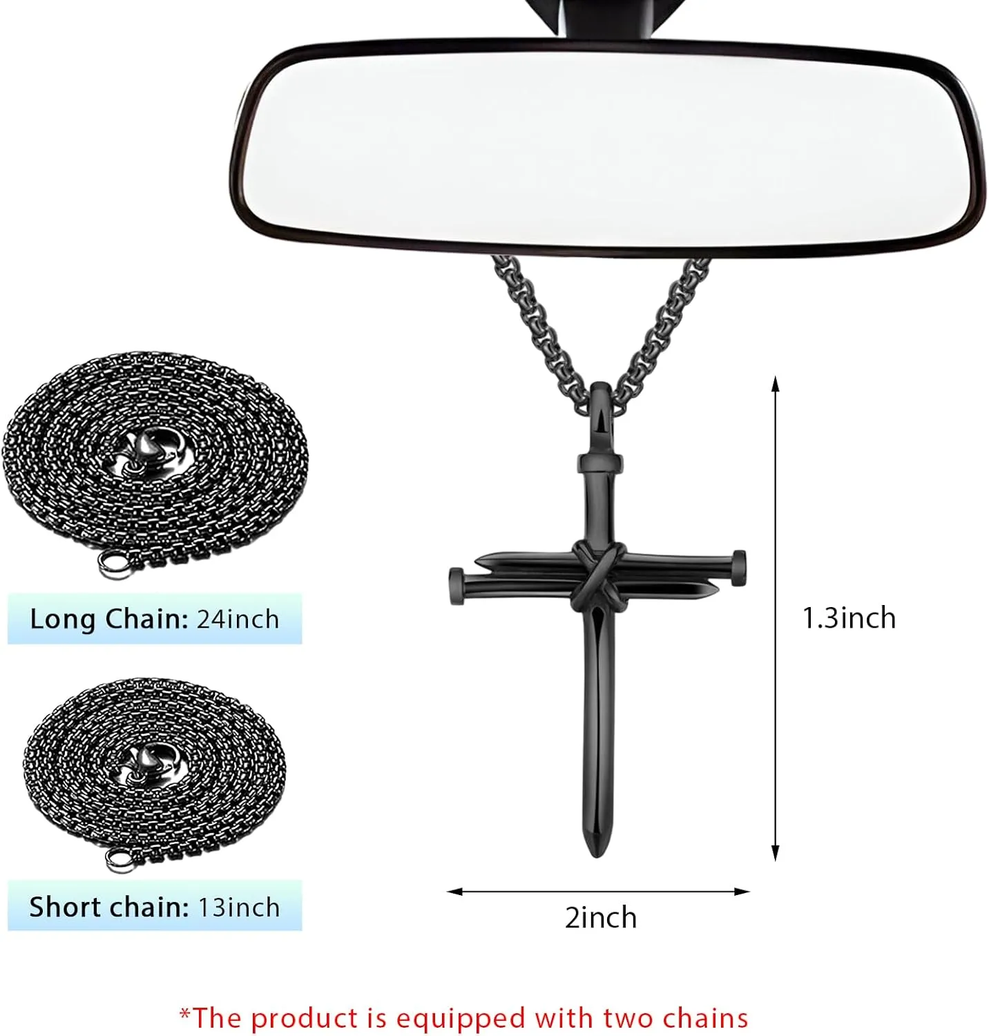 2 PCS Nail Cross Pendant for Men, Auto Rear View Mirror Cross Charm Pendant with 24 Inch Chain, Stainless Steel 3 Nail Necklace Vehicle Hanging Decoration, Car Accessories (Black)