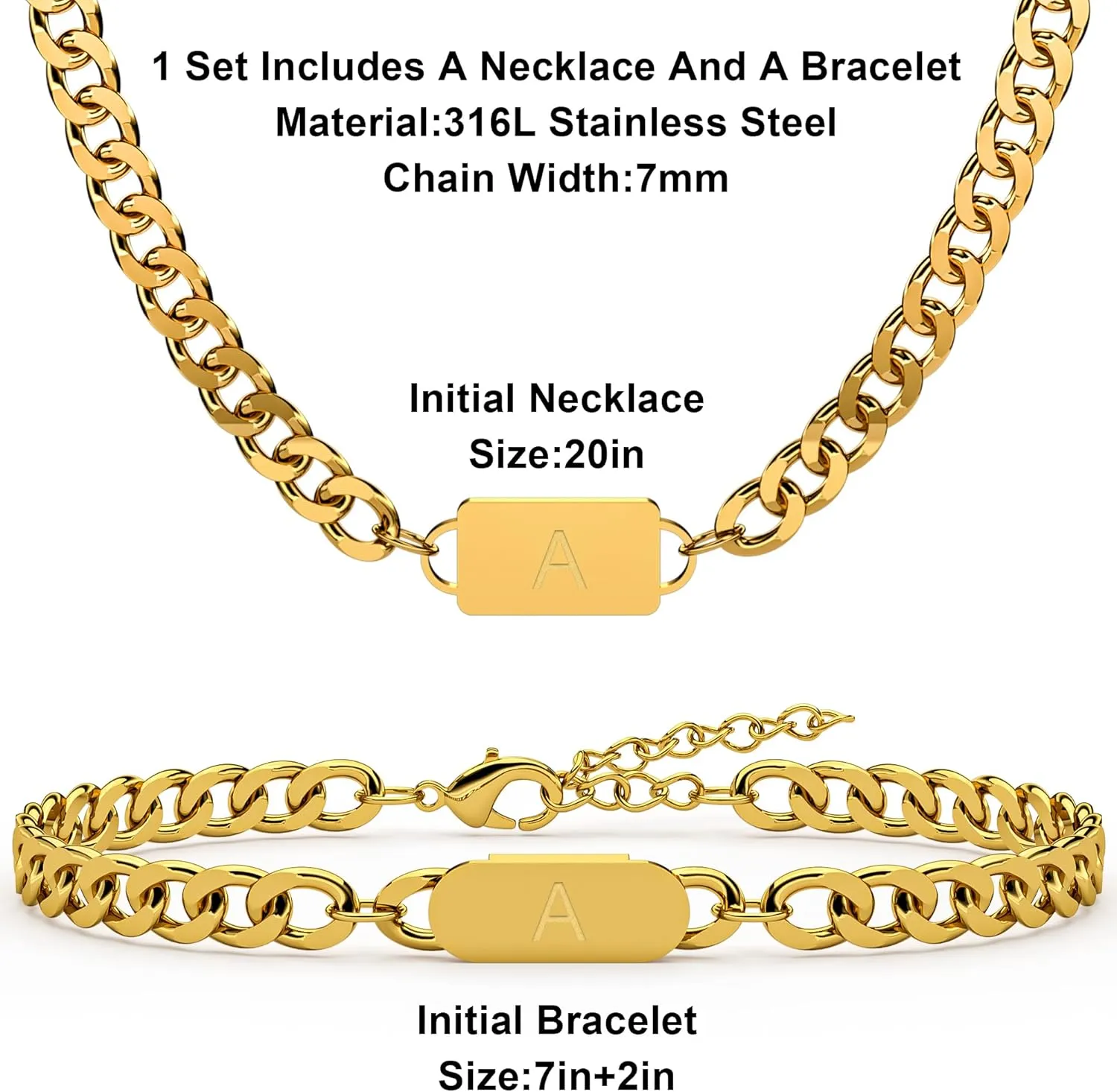 2PCS Initial Letter Cuban Necklace Bracelet, A-Z Letter Pendant Gold Cuban Link Chain for Men Women Jewelry Set for H G