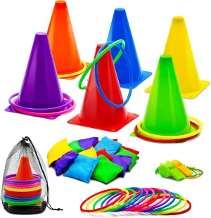 3-in-1 Carnival Games Set: 35-Piece Ring Toss Game for Kids with Cornhole Bean Bags, Cones, Whistles, Rings - Childrens Indoor/Outdoor Activities Toys for Yard, Lawn, Toddler Birthday Party