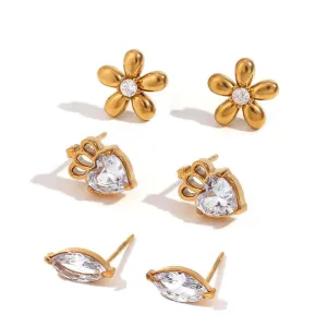 3 Pairs 18K Gold Plated Mini Zircon Flower Stud Earrings for Women
