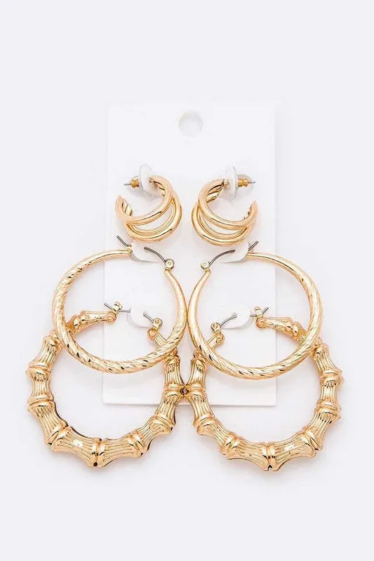 3 PC Bamboo Hoop Earrings Set