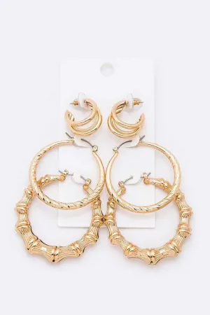 3 PC Bamboo Hoop Earrings Set
