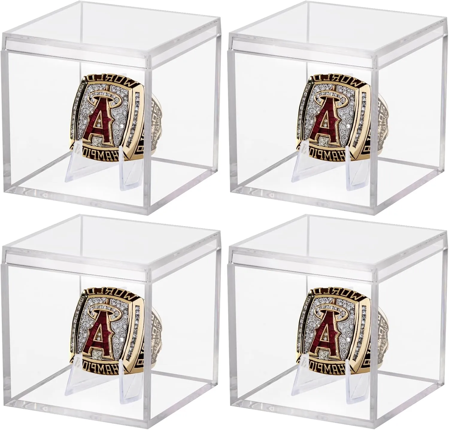 4 Pack Championship Ring Display Case Clear Acrylic Display Case Mini Baseball Softball Ring Holder Single Ring Display Box Stand 1 Slot Ring Hole Storage Box Gift for Sports Fans, 2.16 Inch