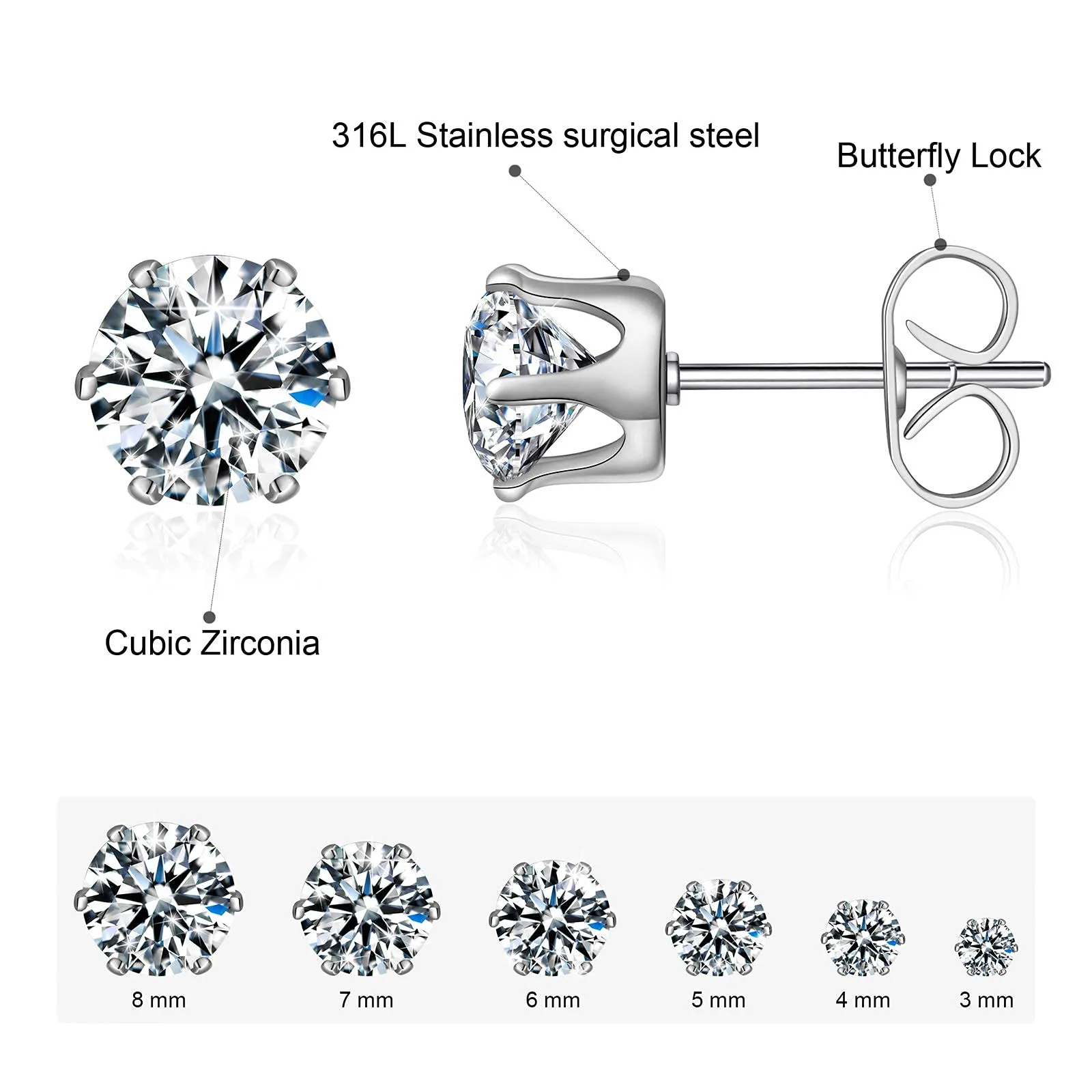 6 Pairs Stud Earrings Set,Clear Cubic Zirconia 316L Stainless Steel Earrings for Women for Men 3-8mm White Gold