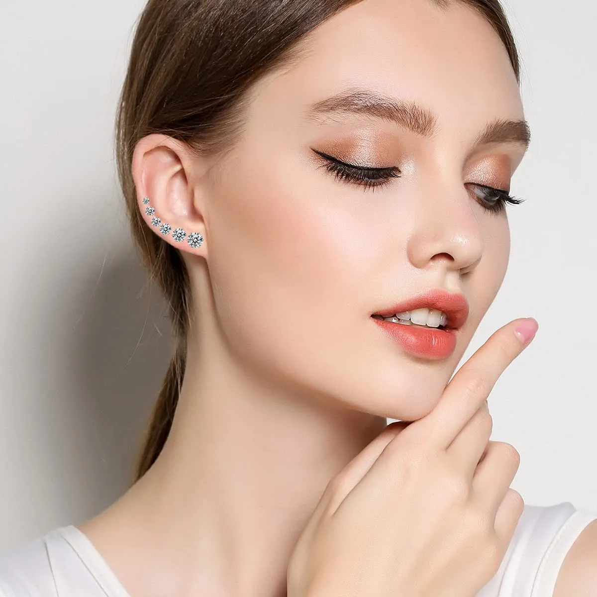 6 Pairs Stud Earrings Set,Clear Cubic Zirconia 316L Stainless Steel Earrings for Women for Men 3-8mm White Gold