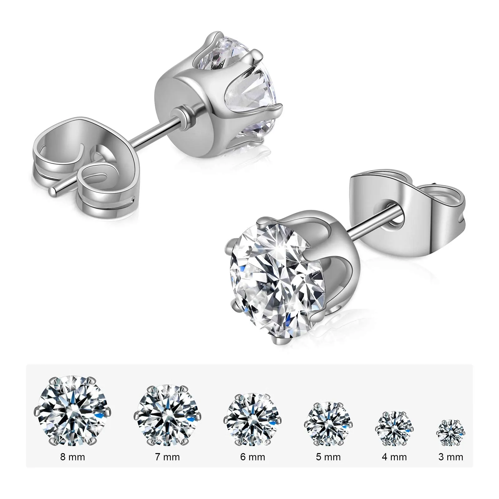 6 Pairs Stud Earrings Set,Clear Cubic Zirconia 316L Stainless Steel Earrings for Women for Men 3-8mm White Gold