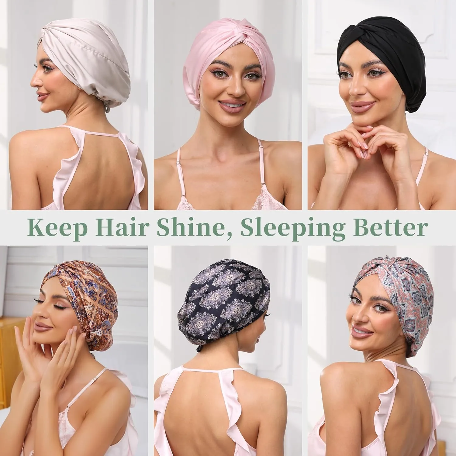 Adjustable Silk Satin Bonnet for Sleeping Hair Wrap, Double Layer Sleep Cap, Night Turban for Large Long Curly Braid Women Men Hair - Matcha Green