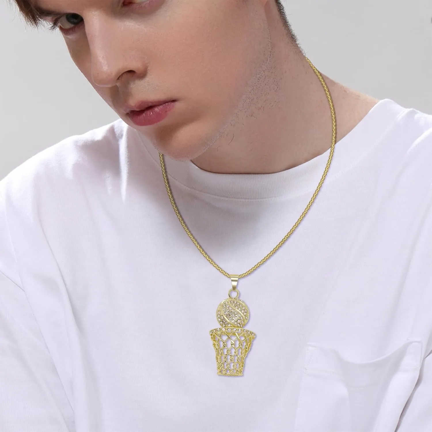 AILUOR Basketball Hoop Necklace for Men, Stainless Steel Chain 14K Gold Plated Cubic Zirconia Pendant, Hip Hop Rim Sports Jewelry Gift