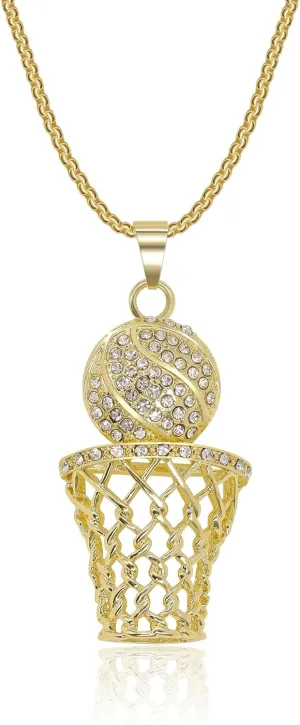 AILUOR Basketball Hoop Necklace for Men, Stainless Steel Chain 14K Gold Plated Cubic Zirconia Pendant, Hip Hop Rim Sports Jewelry Gift