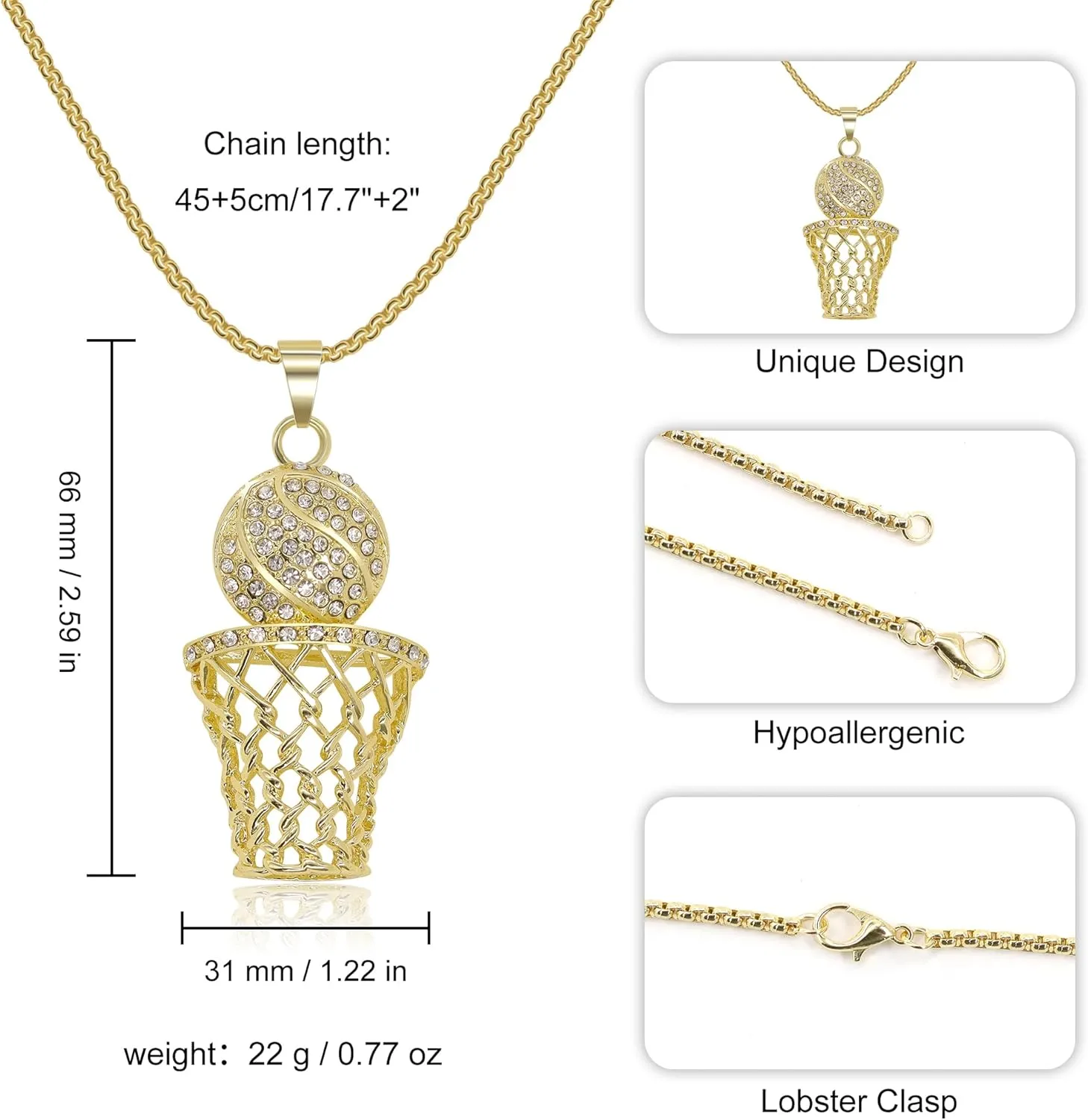 AILUOR Basketball Hoop Necklace for Men, Stainless Steel Chain 14K Gold Plated Cubic Zirconia Pendant, Hip Hop Rim Sports Jewelry Gift