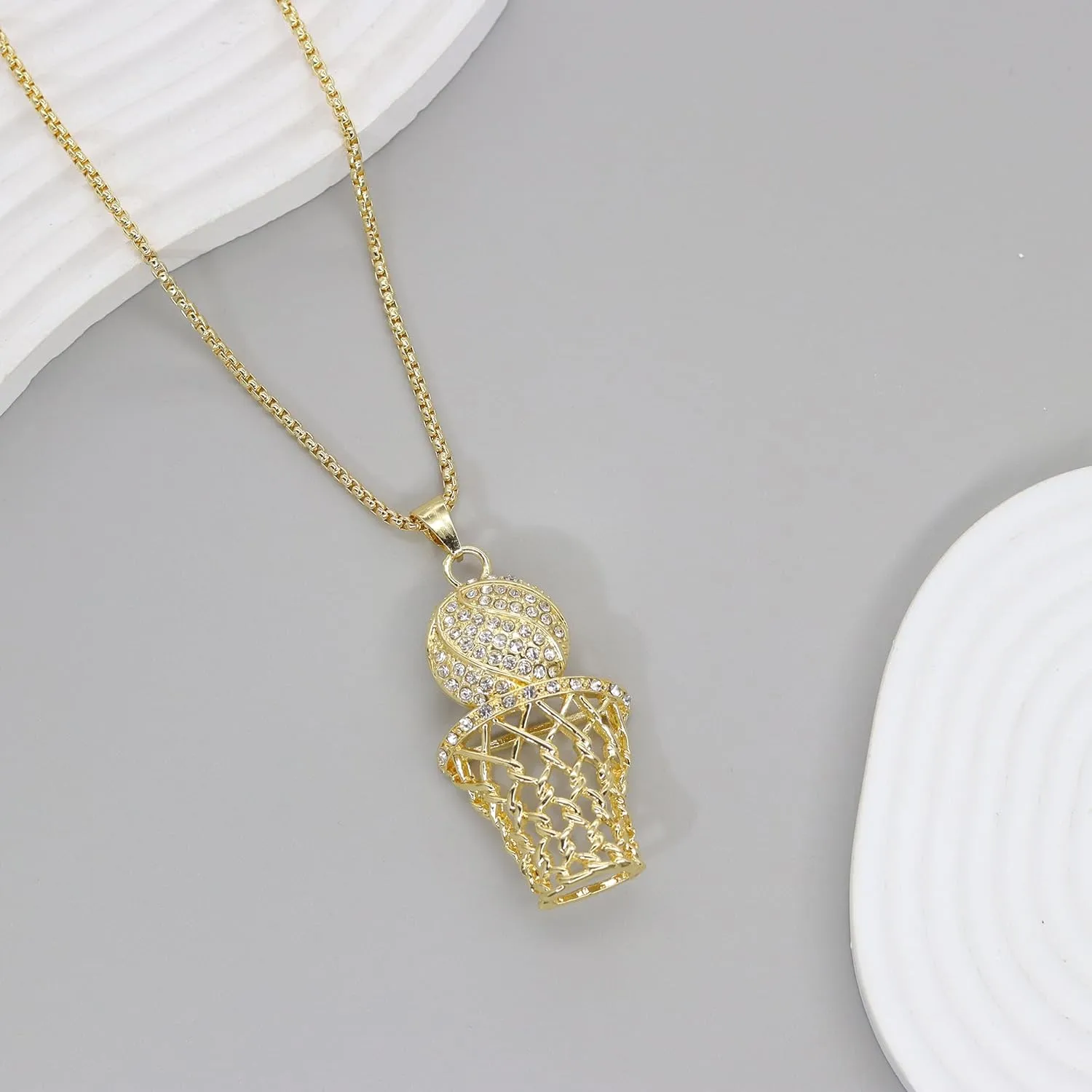 AILUOR Basketball Hoop Necklace for Men, Stainless Steel Chain 14K Gold Plated Cubic Zirconia Pendant, Hip Hop Rim Sports Jewelry Gift
