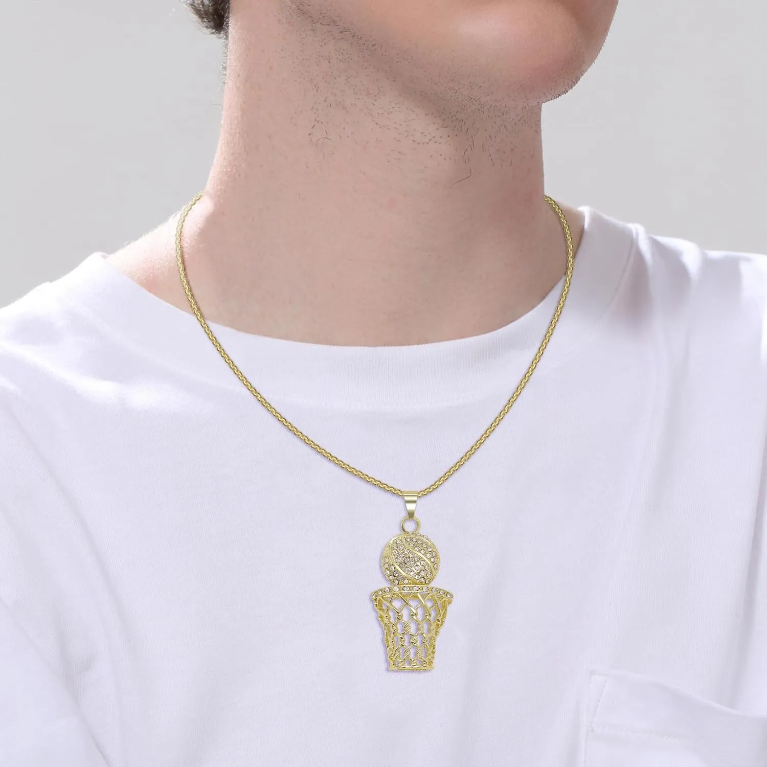 AILUOR Basketball Hoop Necklace for Men, Stainless Steel Chain 14K Gold Plated Cubic Zirconia Pendant, Hip Hop Rim Sports Jewelry Gift