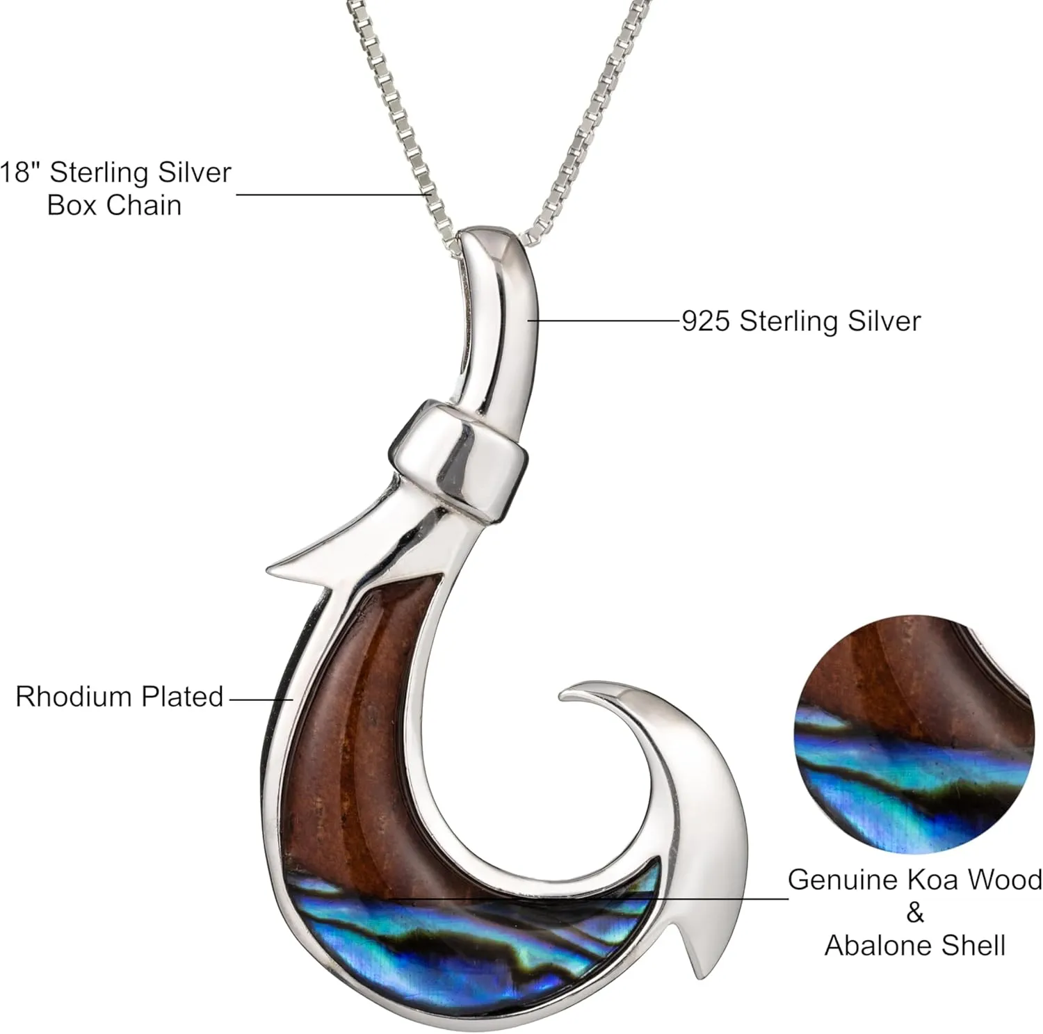 Aloha Jewelry Company 925 Sterling Silver Koa Wood and Abalone Shell Hawaiian Mauka to Makai Fish Hook Necklace Pendant with 18" Box Chain, Nickel Free Hypoallergenic for Sensitive Skin, Gift Box Included