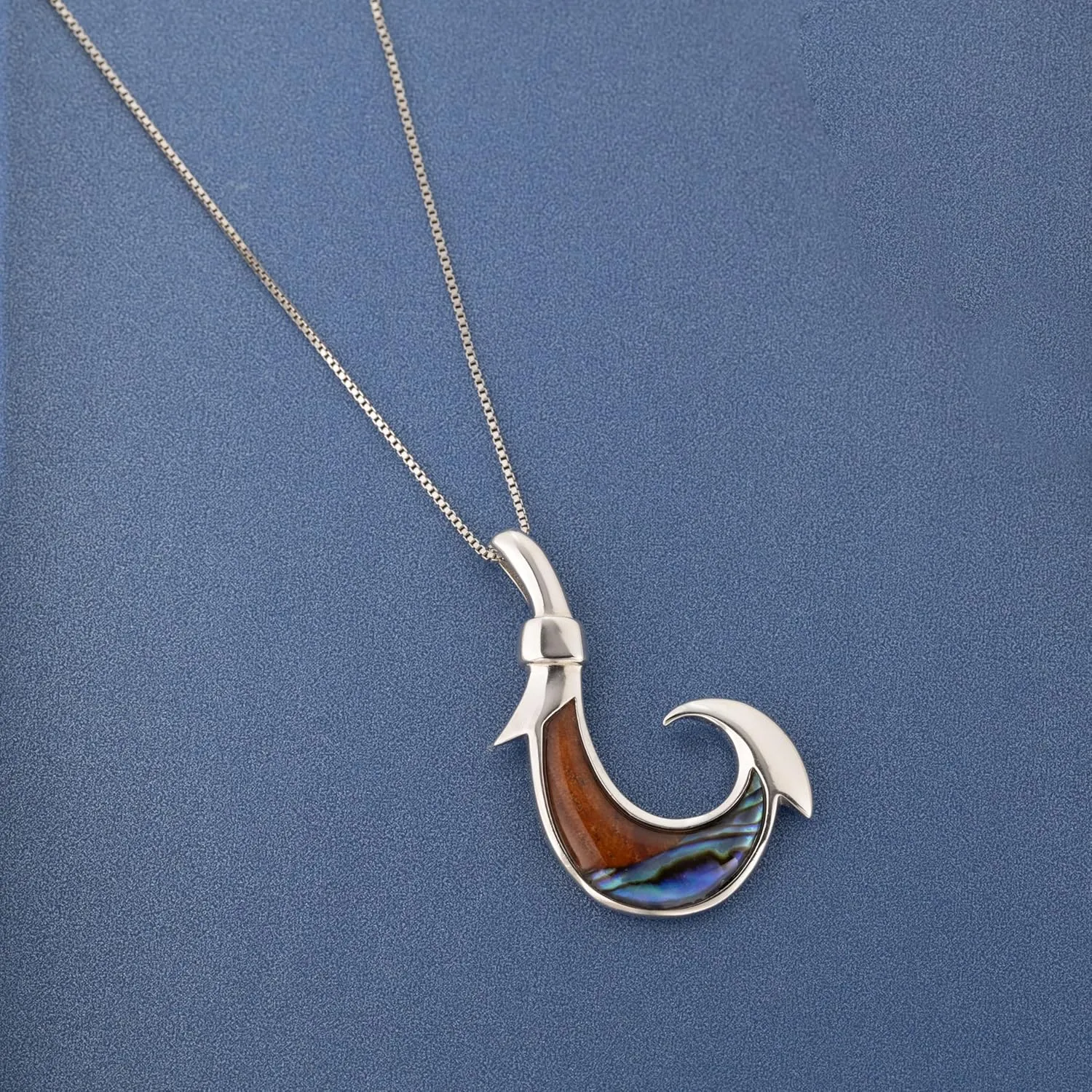 Aloha Jewelry Company 925 Sterling Silver Koa Wood and Abalone Shell Hawaiian Mauka to Makai Fish Hook Necklace Pendant with 18" Box Chain, Nickel Free Hypoallergenic for Sensitive Skin, Gift Box Included