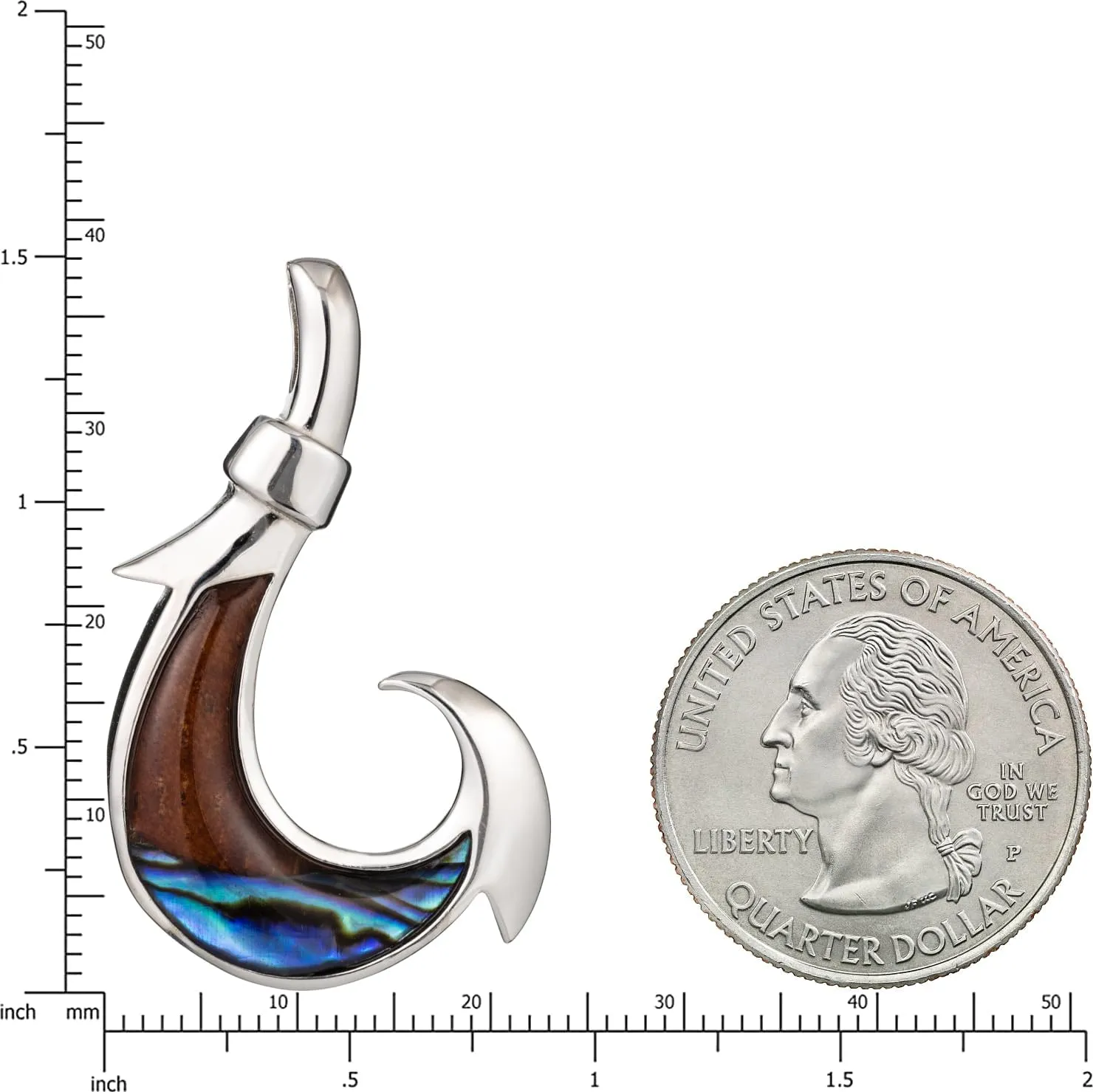 Aloha Jewelry Company 925 Sterling Silver Koa Wood and Abalone Shell Hawaiian Mauka to Makai Fish Hook Necklace Pendant with 18" Box Chain, Nickel Free Hypoallergenic for Sensitive Skin, Gift Box Included
