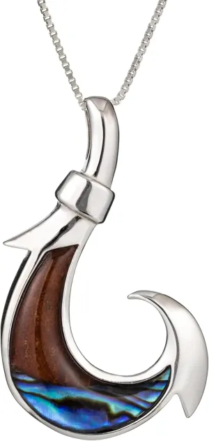 Aloha Jewelry Company 925 Sterling Silver Koa Wood and Abalone Shell Hawaiian Mauka to Makai Fish Hook Necklace Pendant with 18" Box Chain, Nickel Free Hypoallergenic for Sensitive Skin, Gift Box Included