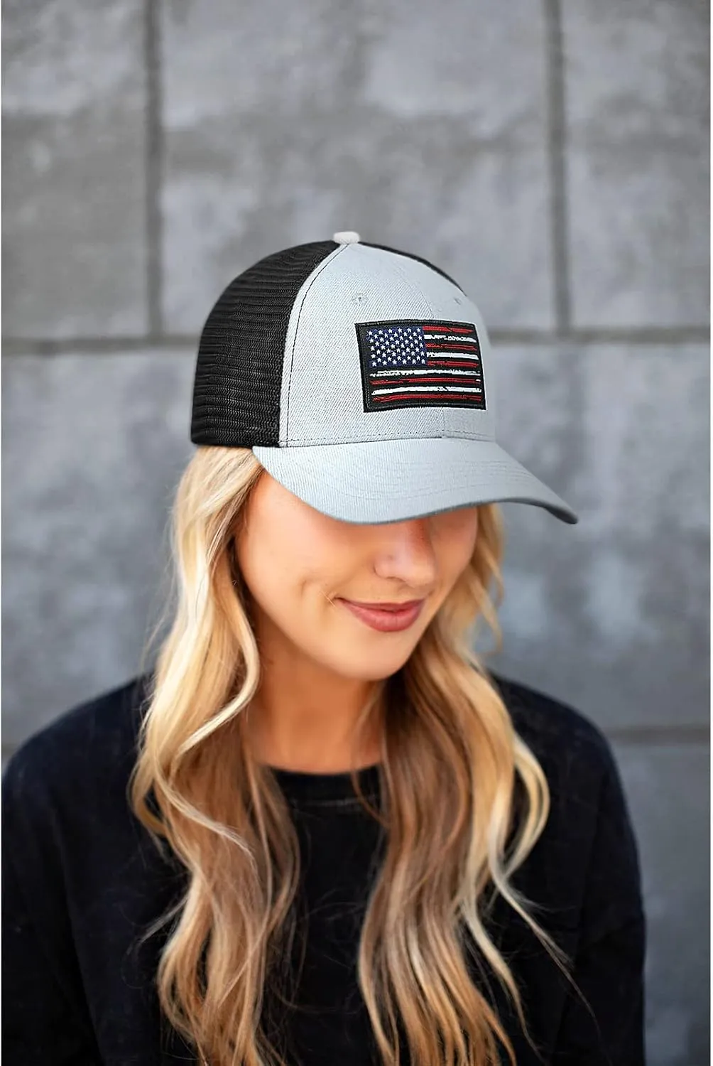 American Flag Hat, Baseball Cap for Men Women, Adjustable Snapback Hats USA Flag Trucker Hat Black