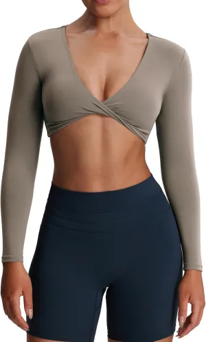 Aoxjox Long Sleeve Crop Tops for Women Sienna Twist Deep V Workout Cropped T Shirt Top