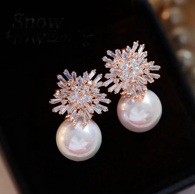 Austrian Imitation Pearl Snow Flower Bridal CZ Stud Earrings