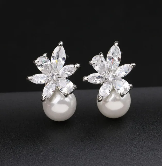 Austrian Imitation Pearl Snow Flower Bridal CZ Stud Earrings
