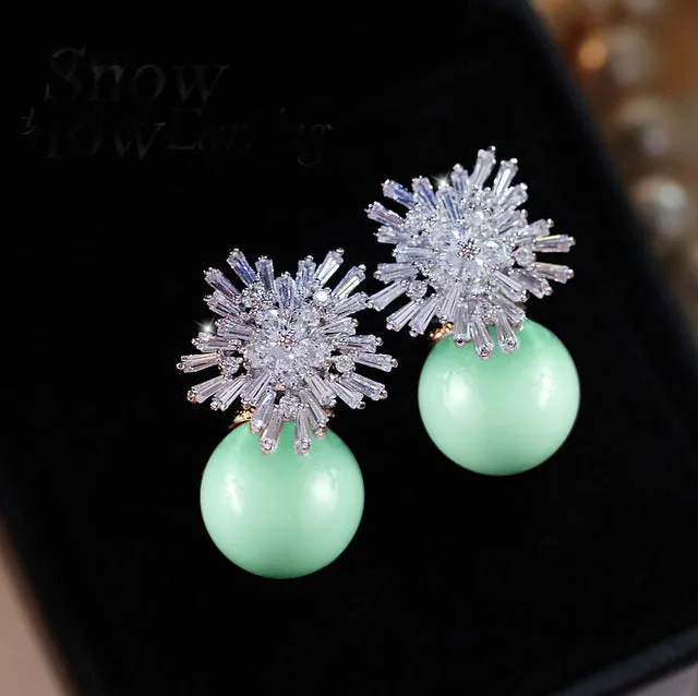 Austrian Imitation Pearl Snow Flower Bridal CZ Stud Earrings