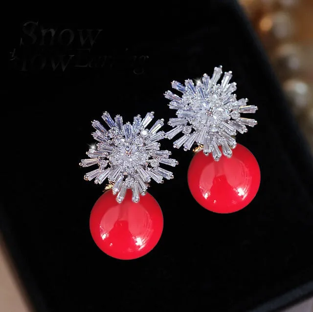 Austrian Imitation Pearl Snow Flower Bridal CZ Stud Earrings