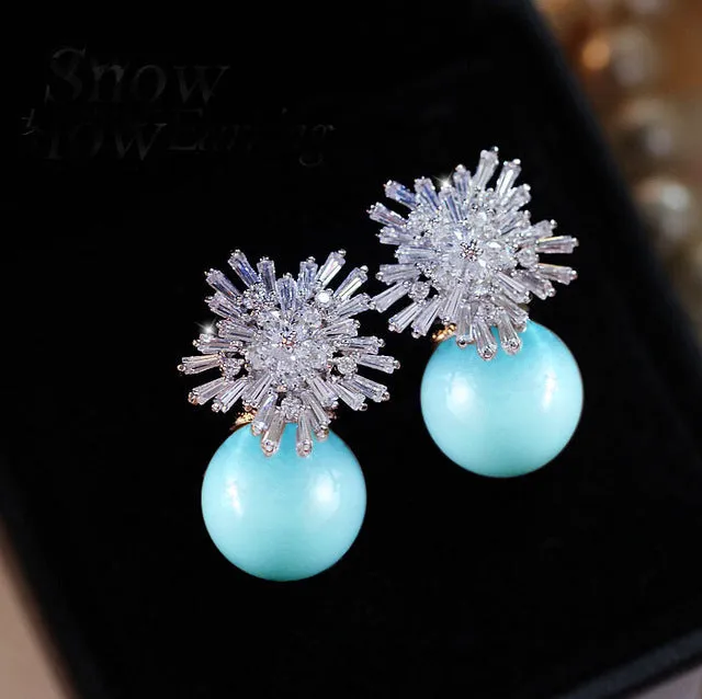 Austrian Imitation Pearl Snow Flower Bridal CZ Stud Earrings