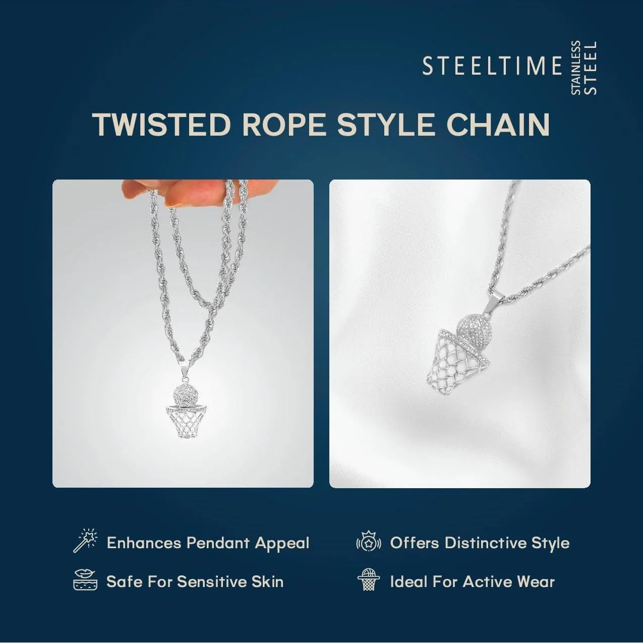Basketball Necklace - 18K Plated Basketball Chain with Hoop for Men, Women, Teens - Gold, Silver & Black Color Options - Stainless Steel Sports Pendant with Simulated Diamond CZ Stones