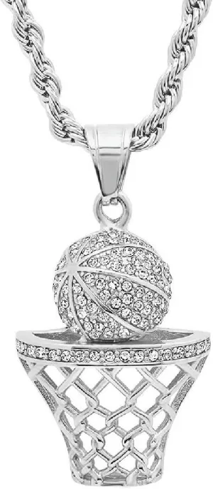 Basketball Necklace - 18K Plated Basketball Chain with Hoop for Men, Women, Teens - Gold, Silver & Black Color Options - Stainless Steel Sports Pendant with Simulated Diamond CZ Stones