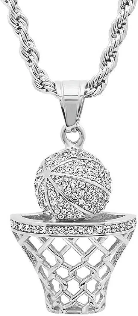 Basketball Necklace - 18K Plated Basketball Chain with Hoop for Men, Women, Teens - Gold, Silver & Black Color Options - Stainless Steel Sports Pendant with Simulated Diamond CZ Stones