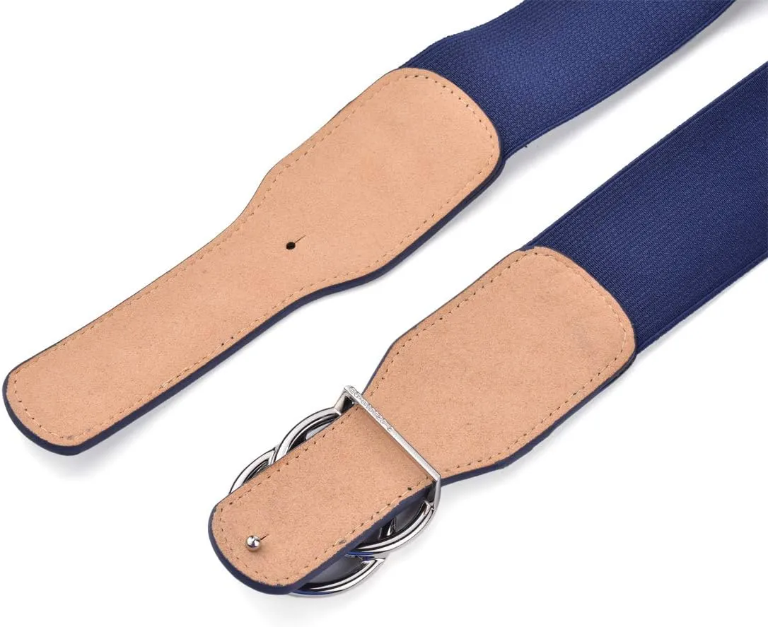 Beltox Womens Elastic Stretch Wide Waist Belts w Double Rings Gold/Silver Buckle