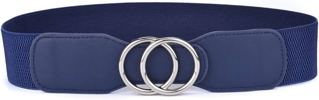 Beltox Womens Elastic Stretch Wide Waist Belts w Double Rings Gold/Silver Buckle
