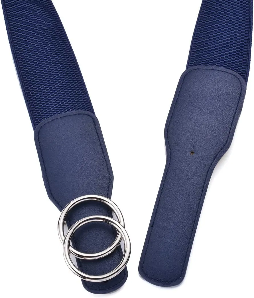 Beltox Womens Elastic Stretch Wide Waist Belts w Double Rings Gold/Silver Buckle