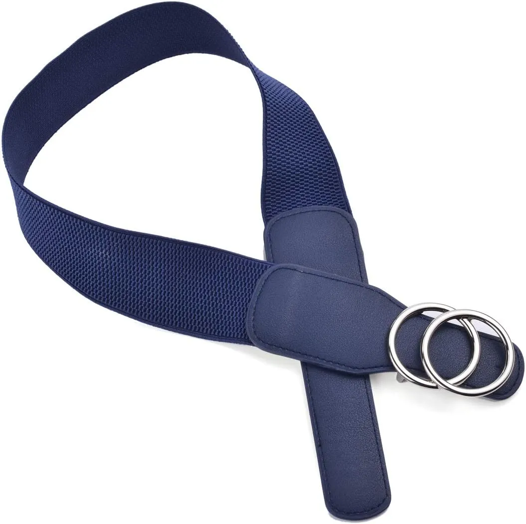 Beltox Womens Elastic Stretch Wide Waist Belts w Double Rings Gold/Silver Buckle