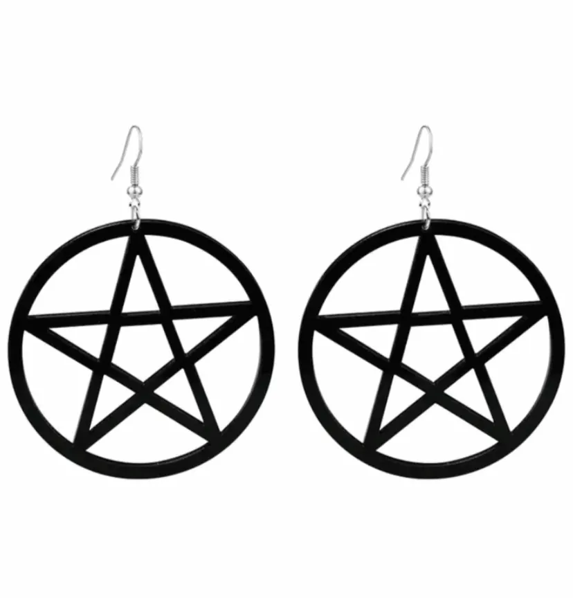 Black Dangly Pentagram Hoop Earrings