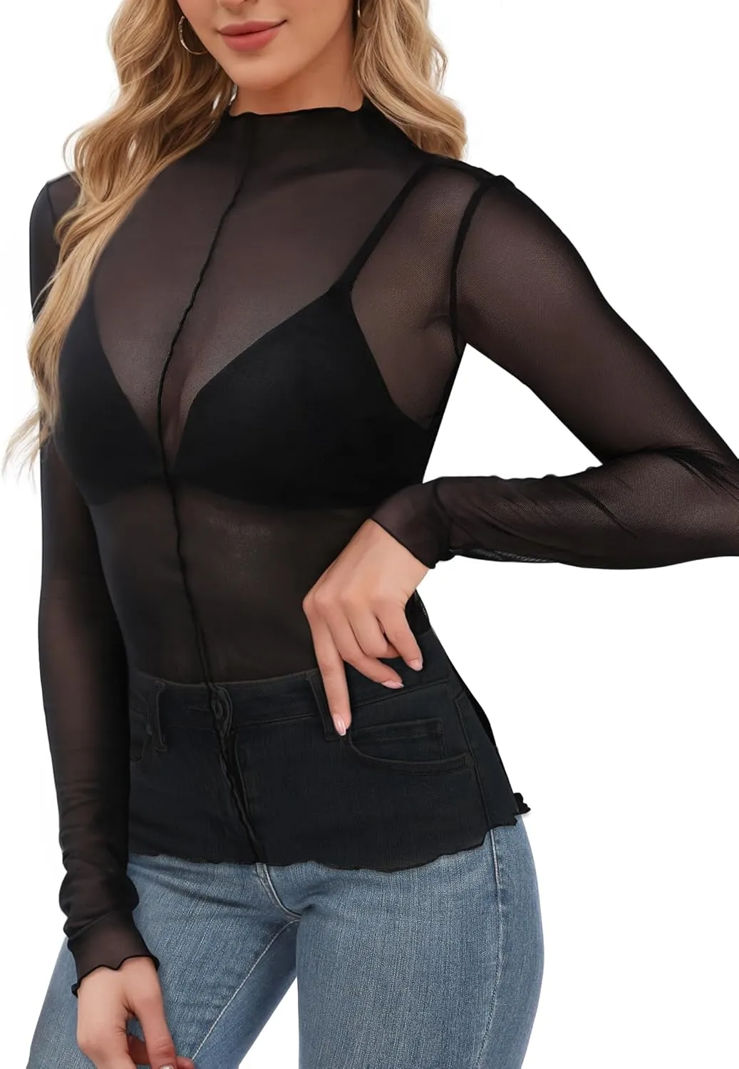 Buauty Mesh Long Sleeve Top for Women, Lace Sheer Tops See Through Mock Neck Floral Embroidery Sheer Blouce Fishnet Shirt