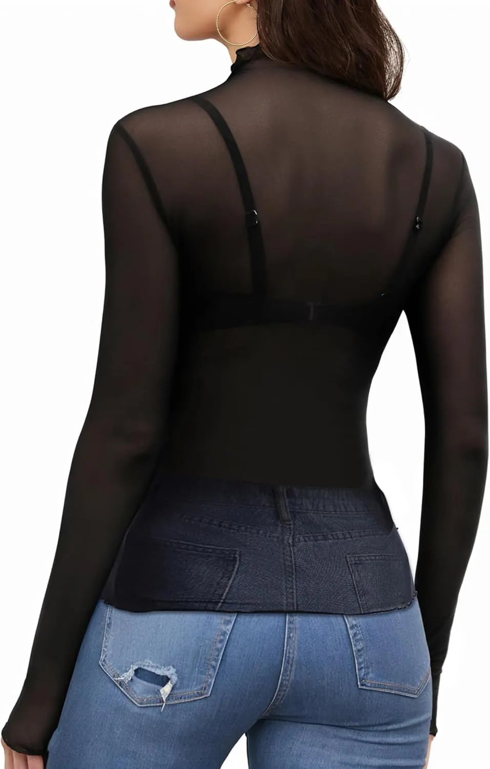 Buauty Mesh Long Sleeve Top for Women, Lace Sheer Tops See Through Mock Neck Floral Embroidery Sheer Blouce Fishnet Shirt