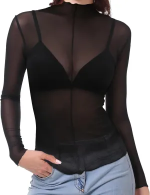 Buauty Mesh Long Sleeve Top for Women, Lace Sheer Tops See Through Mock Neck Floral Embroidery Sheer Blouce Fishnet Shirt