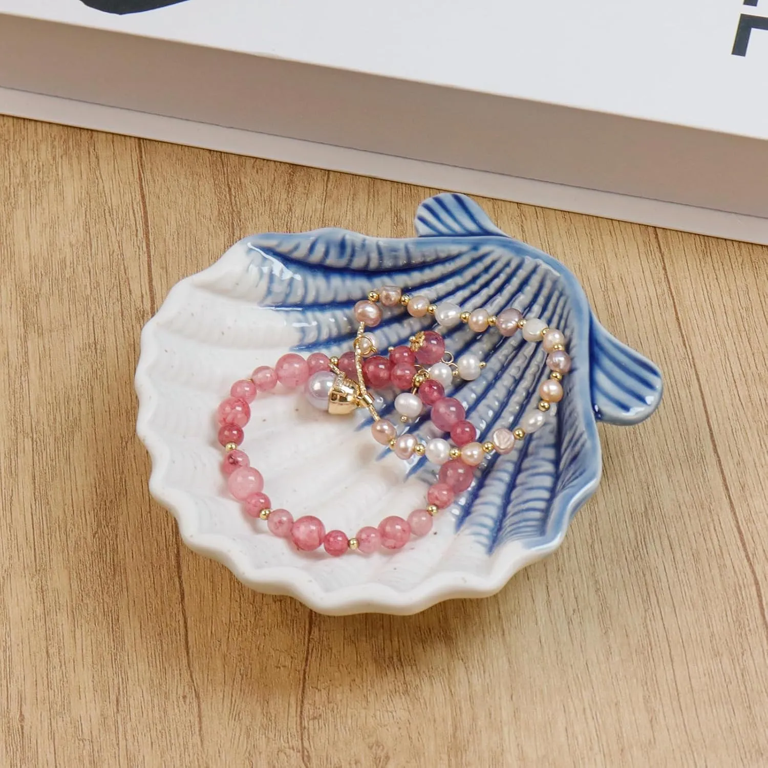 Ceramic Jewelry Dish Tray Shell Decorative Trinket Dish Ring Dish Holder Ocean Coastal Jewelry Plate, Blue
