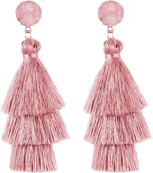 Colorful Layered Tassel Earrings Bohemian 3 Tier Fringe Statement Big Dangle Earrings Boho Handmade Braided Thread Fringe Layer Drop Earrings for Women Girls