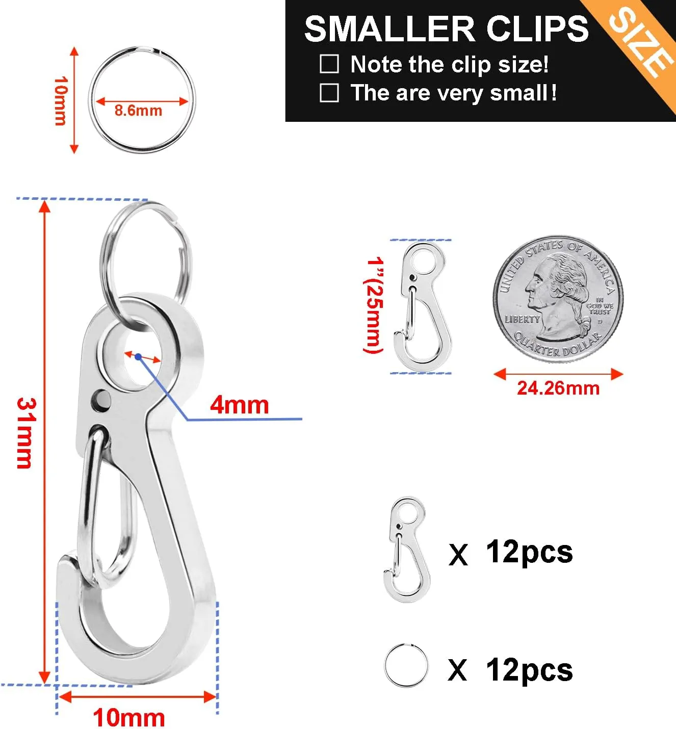 CooBigo 12 Sets Small Carabiner Clip Metal Spring Snap Hooks 1 inch Mini Paracord Hanging Clips for Camera Strap, Flashlight, Key Chain(Silver, Long 25mm)
