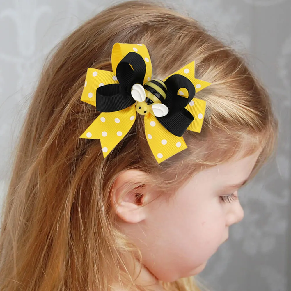 Cute Bees Yellow Ribbon Hair Bow Clips