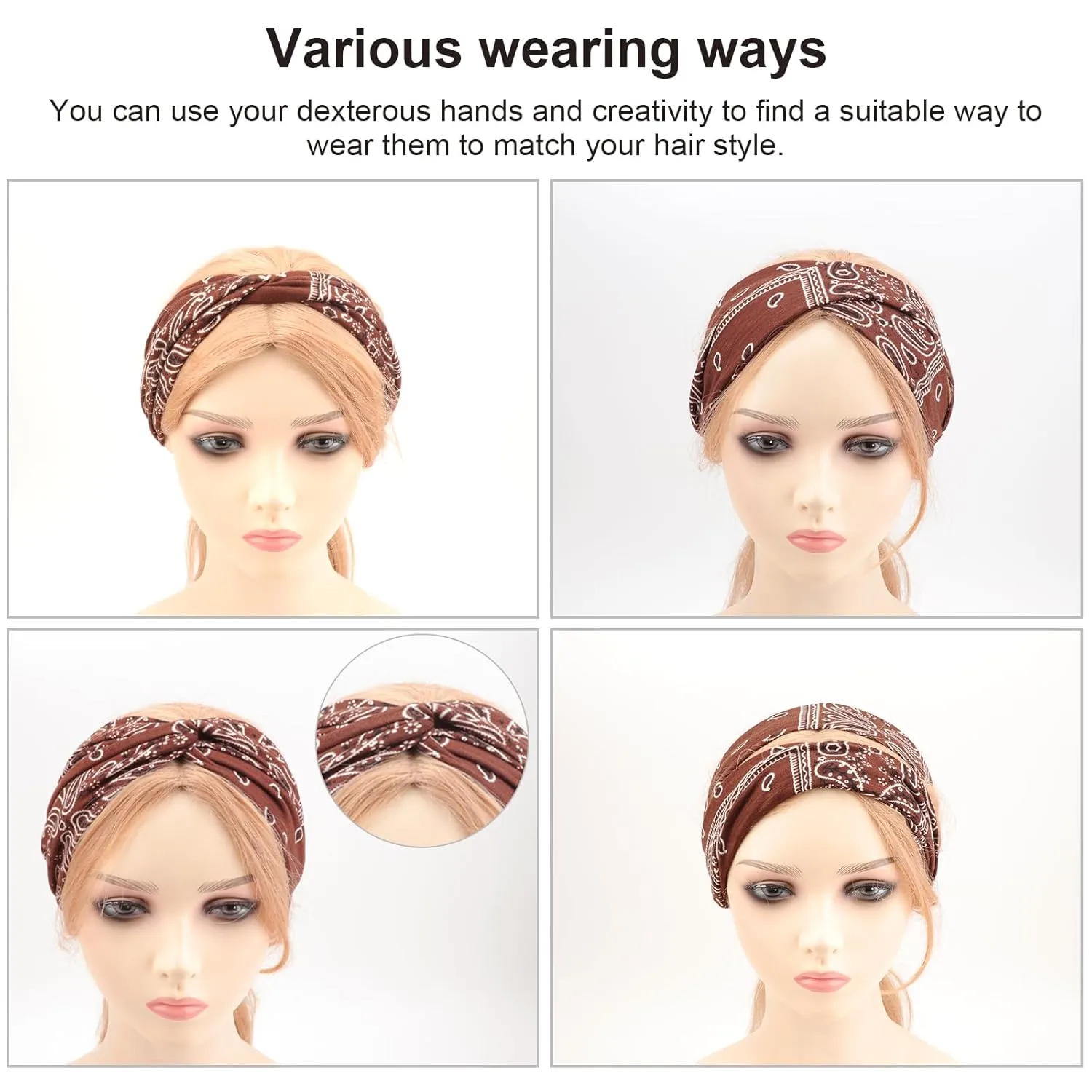 DRESHOW 4 Pack Boho Cotton Non-Slip Headbands for Women Girls Yoga Workout Running Knotted Turban Floral Elastic Head Wrap