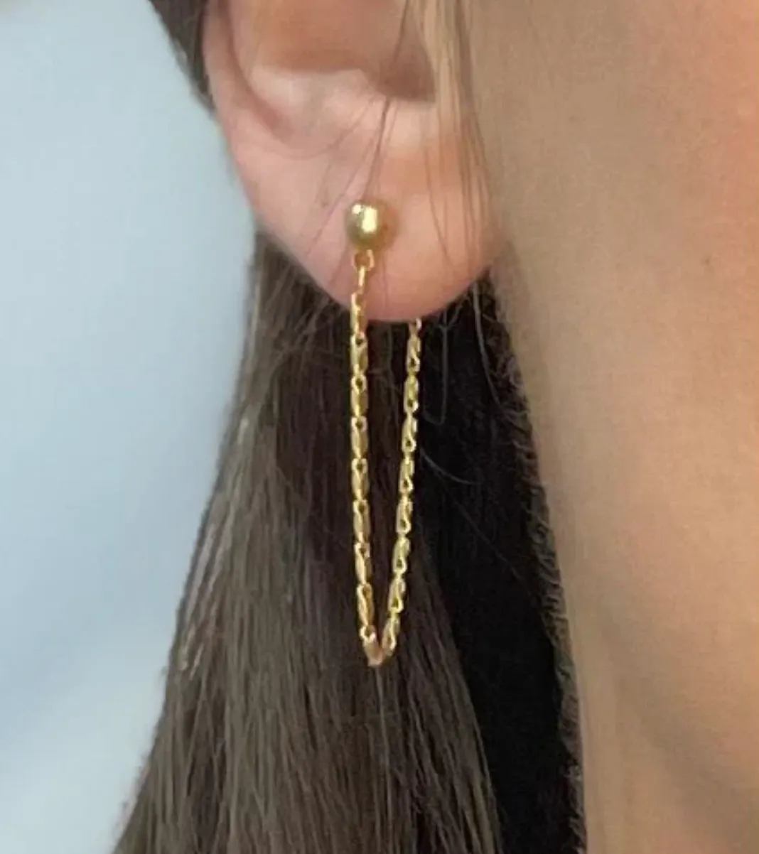 Extended Link Bar Drop Chain Mason Ball Stud Earrings in Gold
